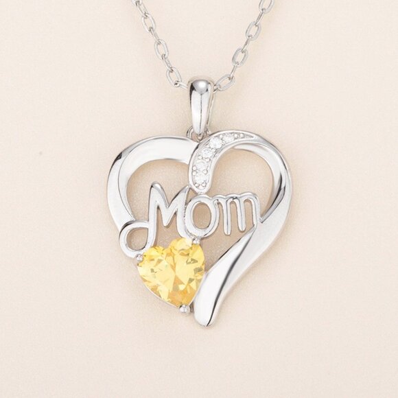 Mom Heart Pendant Necklace, Birthstone Yellow Crystal, November Birthstone - Picture 1 of 4